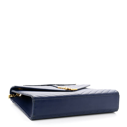 Saint Laurent Grain De Poudre Matelasse Chevron Large Monogram Satchel Navy Blue 4 of 13