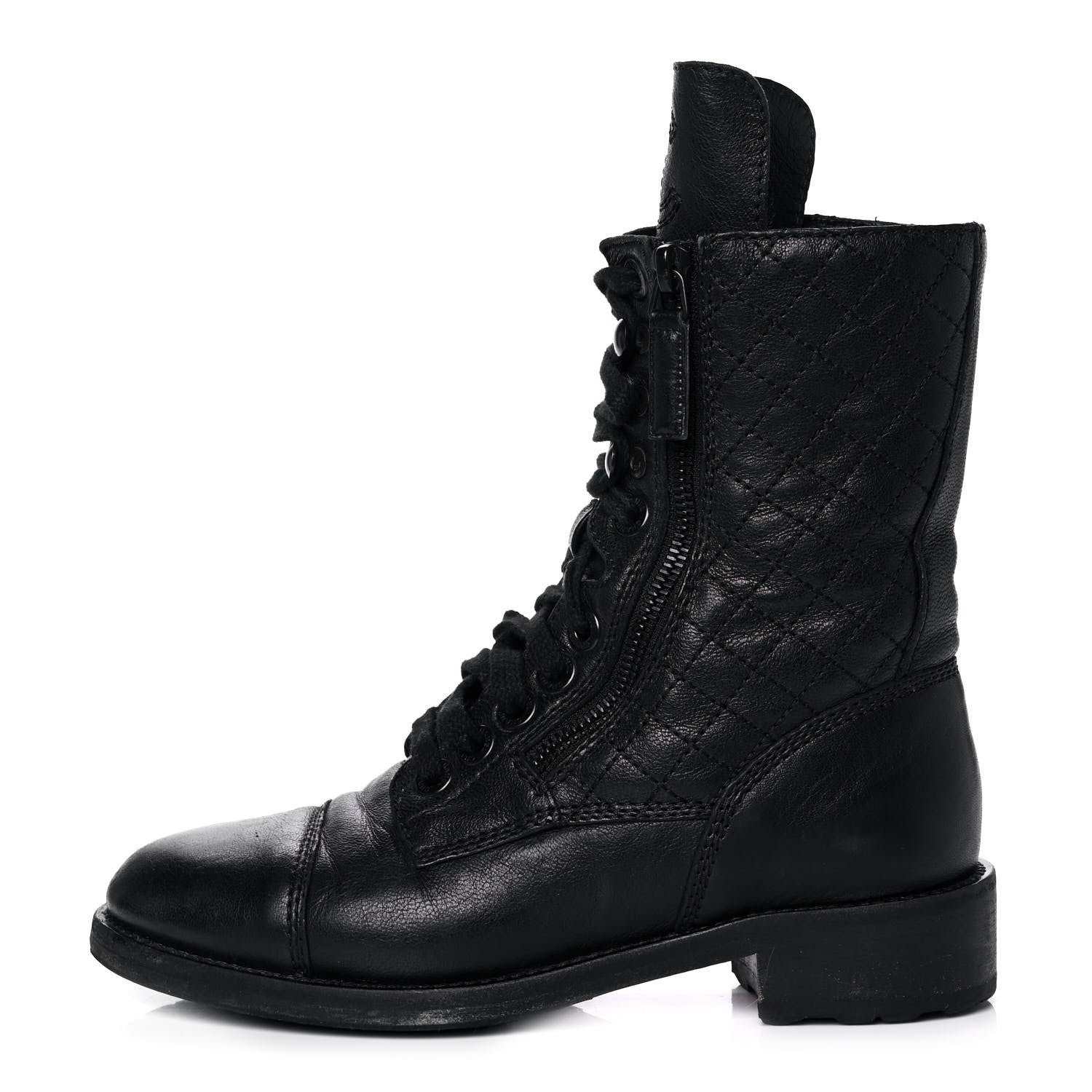 Chanel Calfskin Quilted Lace Up Combat Boots 36 Black 1 of 8