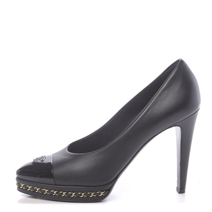 Chanel Lambskin Patent CC Cap Toe Platform Chain Pumps 40 Black 1 of 9