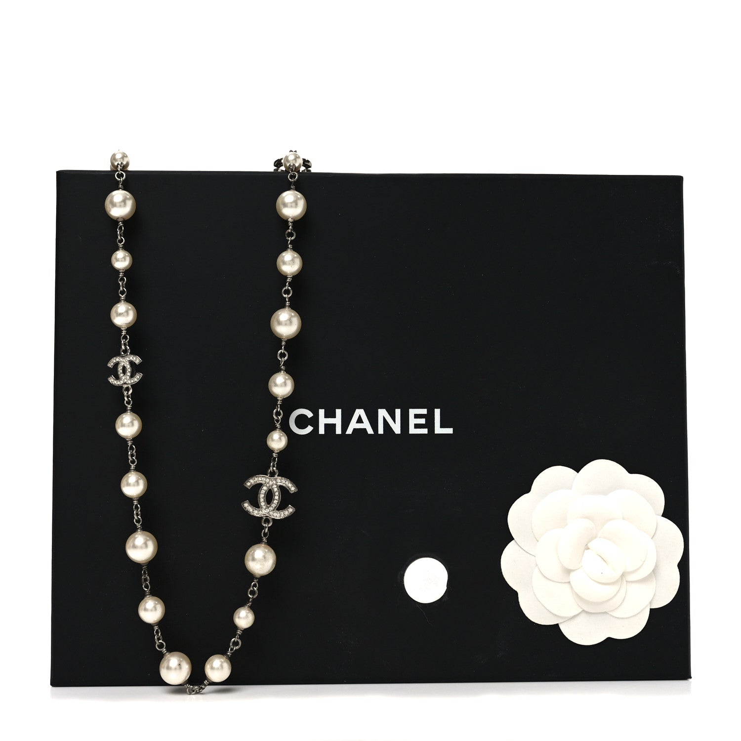 Chanel Crystal Pearl CC Long Necklace Silver 6 of 6