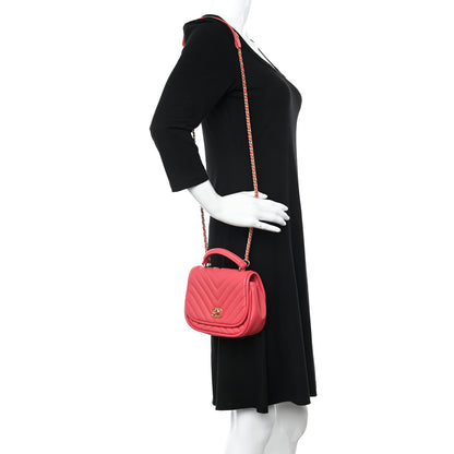 Chanel Lambskin Reverse Chevron Quilted Mini Round Top Handle Flap Bright Pink 2 of 17