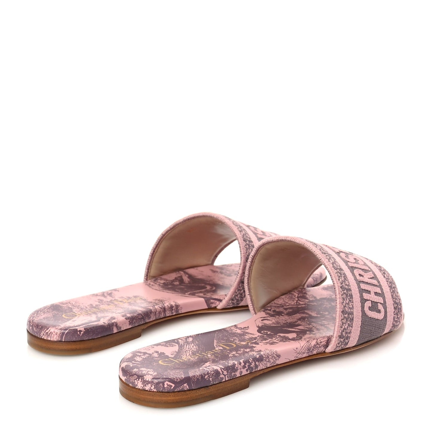 Canvas Toile De Jouy Embroidered Dway Flat Slide Sandals 35.5 Chateau Rose
