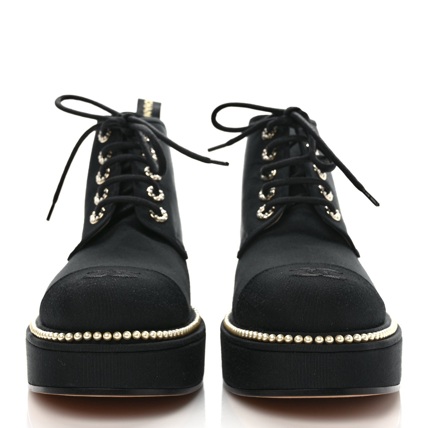 Chanel Grosgrain Pearl Lace Up CC Short Boots 40 Black 2 of 8