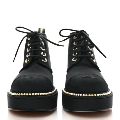 Chanel Grosgrain Pearl Lace Up CC Short Boots 40 Black 2 of 8