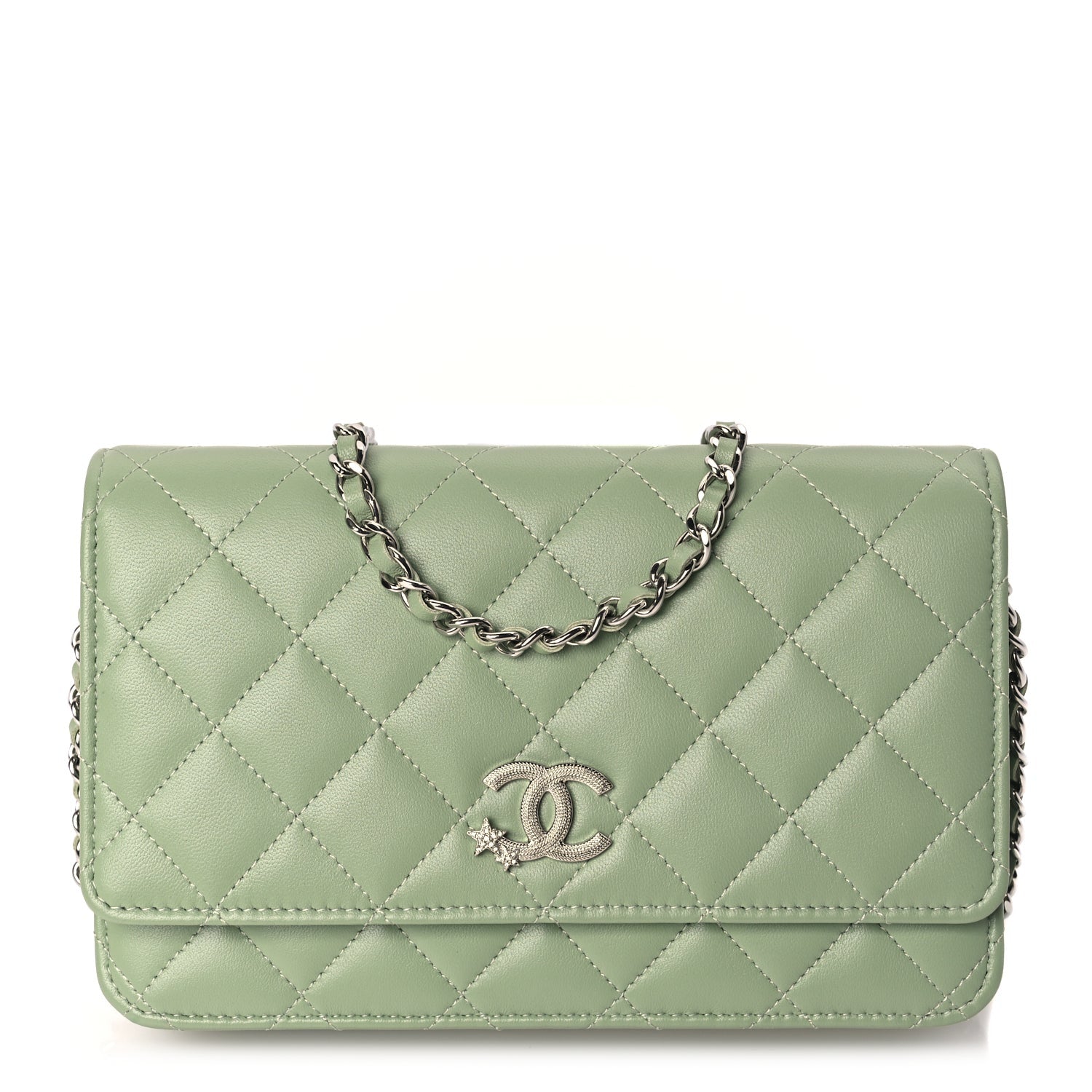 Chanel Lambskin Quilted Crystal Star Wallet On Chain WOC Green 1 of 9