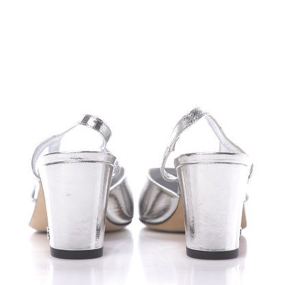 Chanel Laminated Lambskin Grosgrain Cap Toe CC Slingback Sandals 36 Silver Black 6 of 13