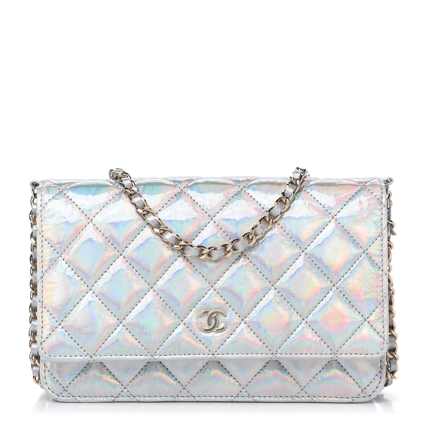 Iridescent Goatskin Quilted Wallet On Chain WOC Silver