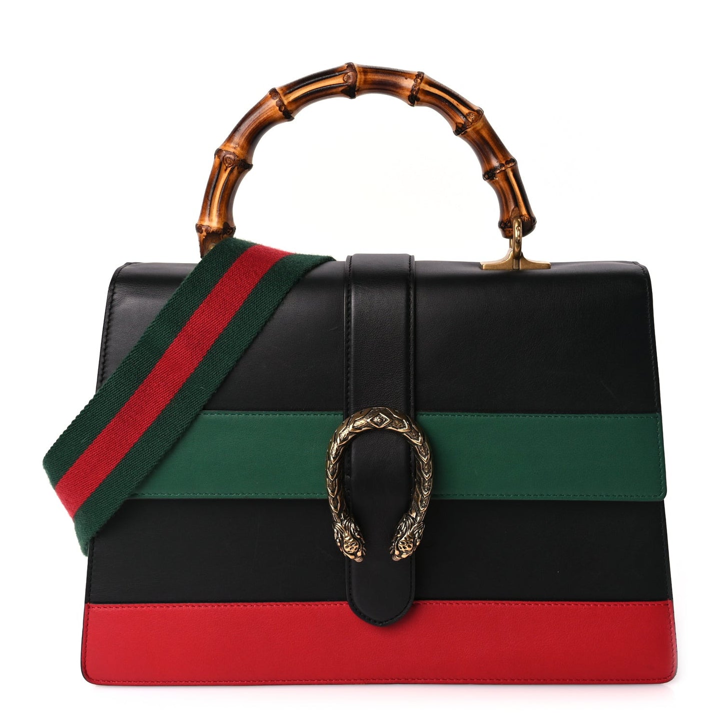 Calfskin Bamboo Web Large Dionysus Top Handle Bag Black Bright Evergreen Hibiscus Red