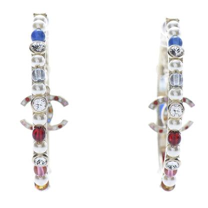 Chanel Crystal Pearl Bead CC Drop Hoop Earrings Gold Multicolor 1 of 6