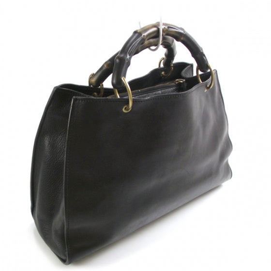 Leather Bamboo Handle Tote Black