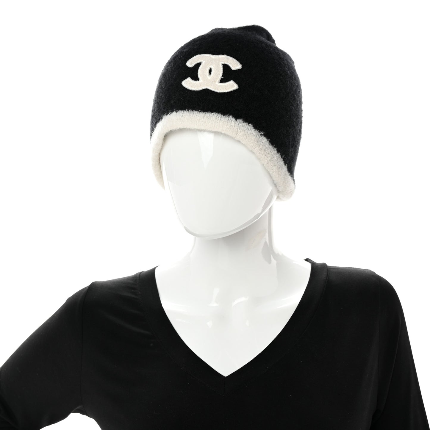 Cashmere Silk CC Beanie Hat Black White