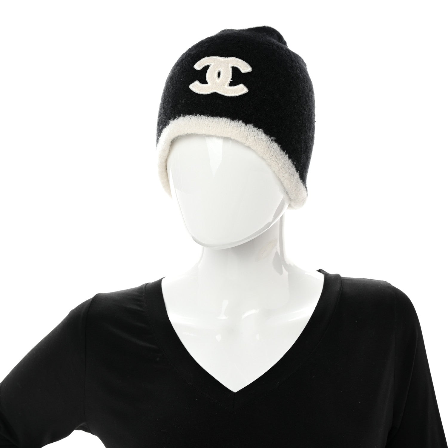 Chanel Cashmere Silk CC Beanie Hat Black White 2 of 6