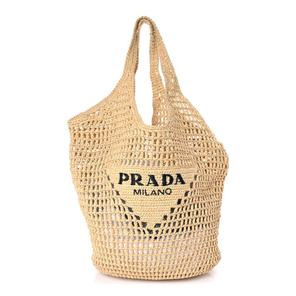 Prada Yarn Raffia Effect Crochet Logo Embroidered Shopping Tote Bag Naturale 1 of 7