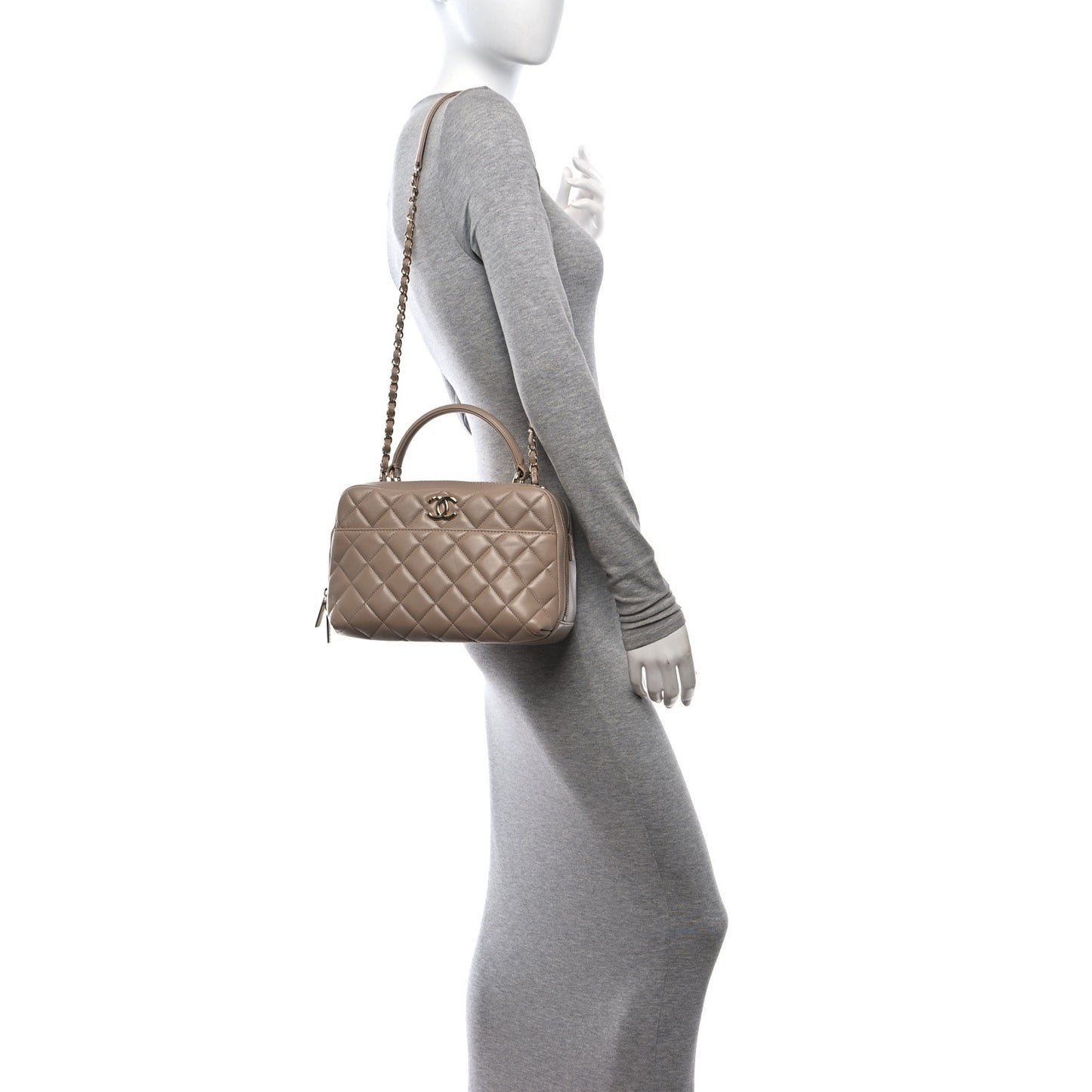 Lambskin Quilted Medium Trendy CC Bowling Bag Beige