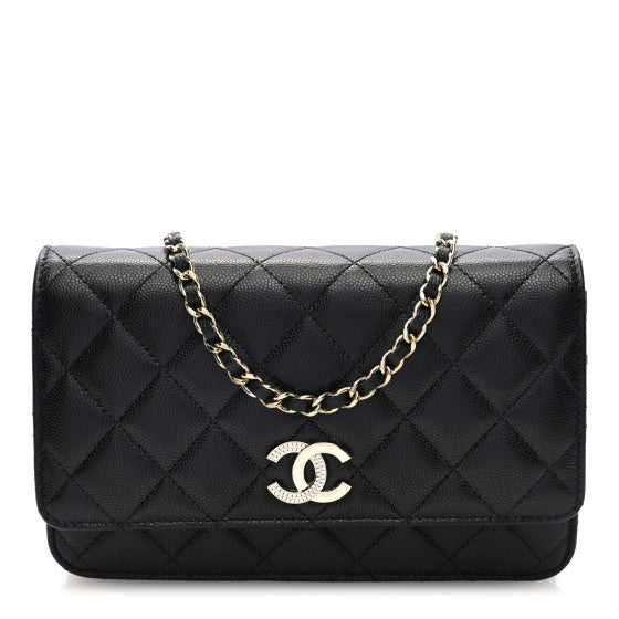 Caviar Quilted Crystal CC Wallet On Chain WOC Black
