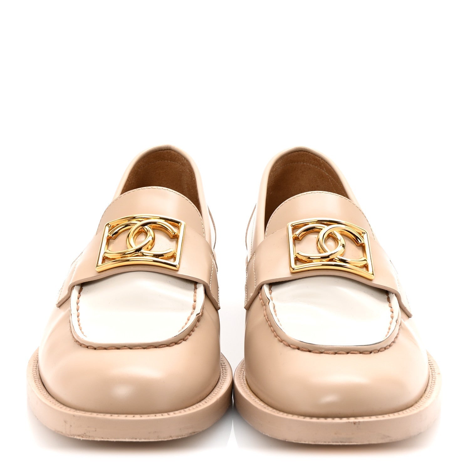 Chanel Shiny Calfskin CC Loafers 38 Beige White 3 of 7