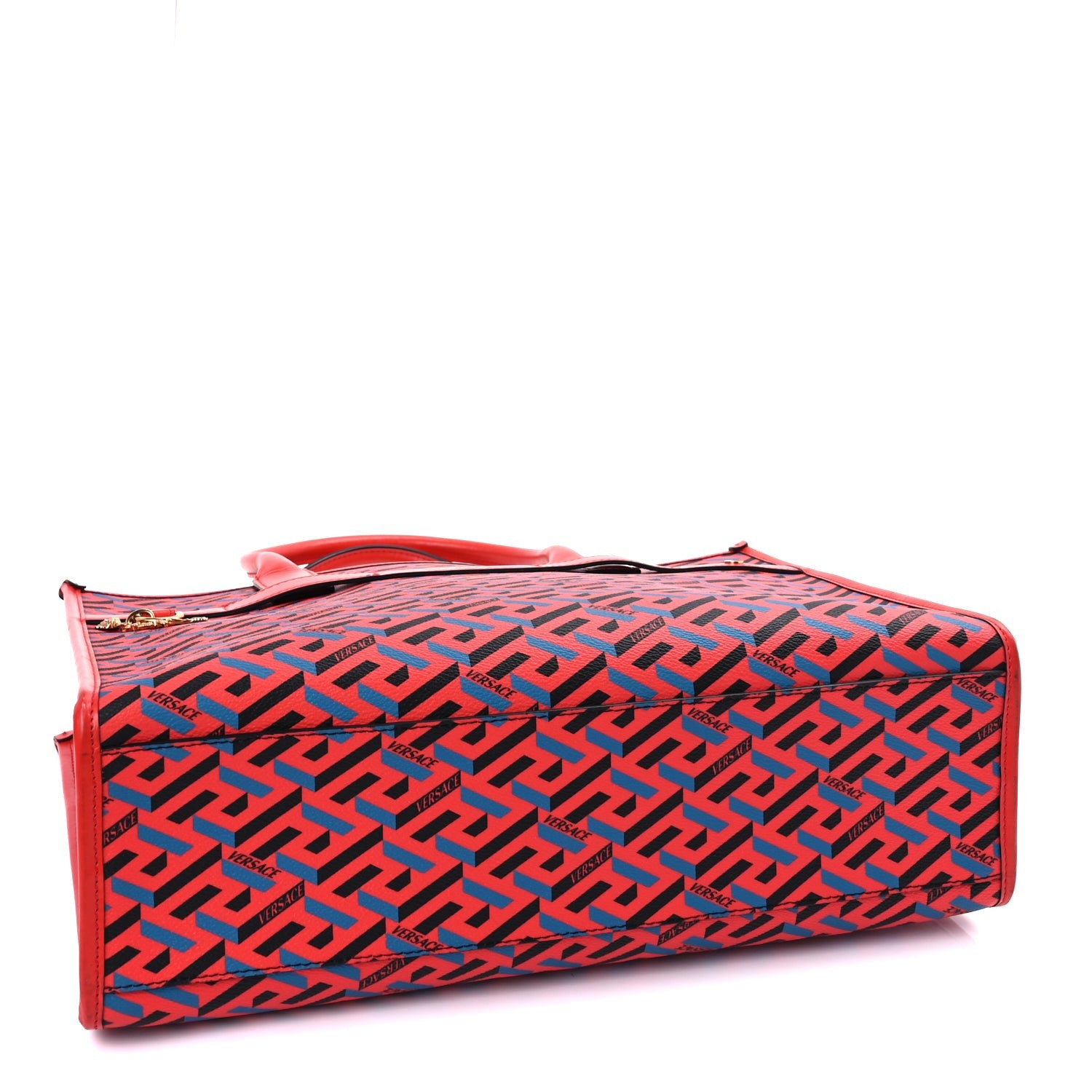 Versace Coated Canvas Calfskin La Greca Signature Tote Bag  Blue Red 3 of 8