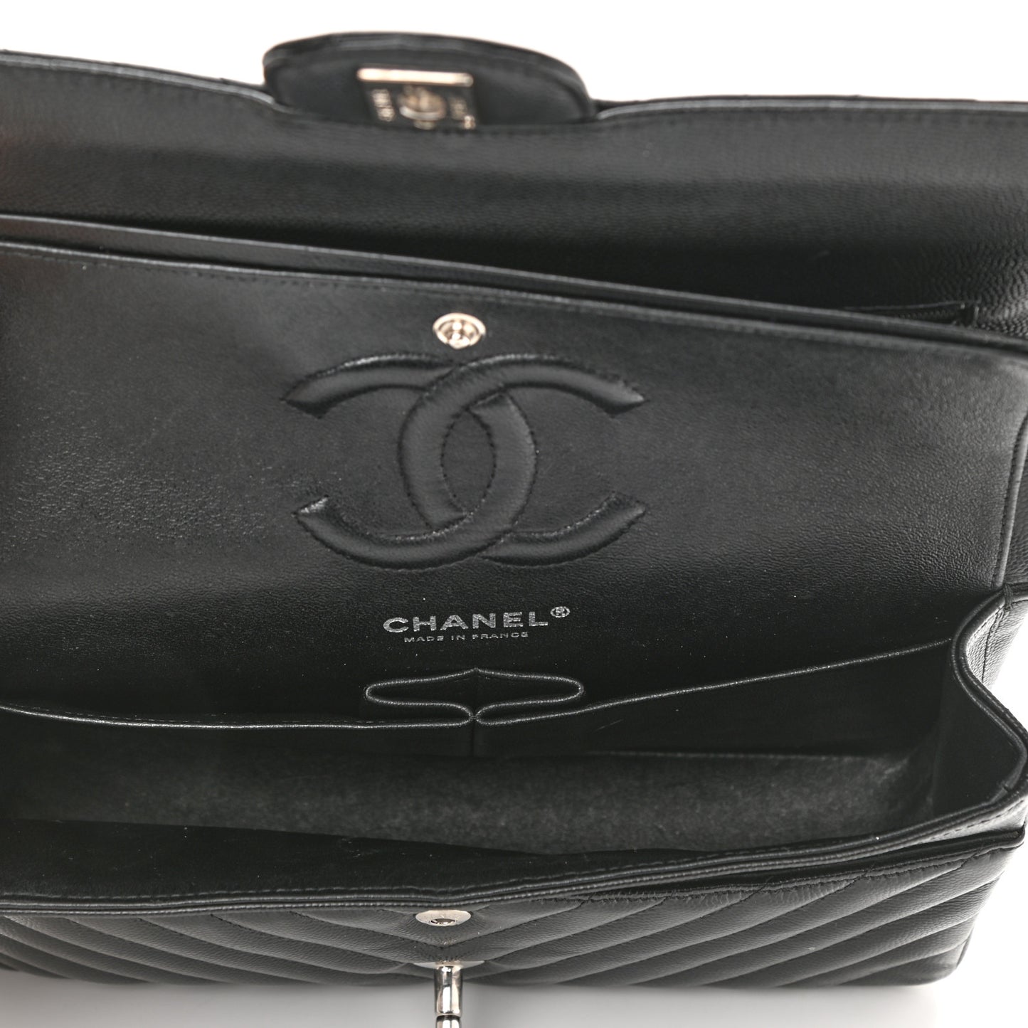 Caviar Chevron Quilted Medium Double Flap Black