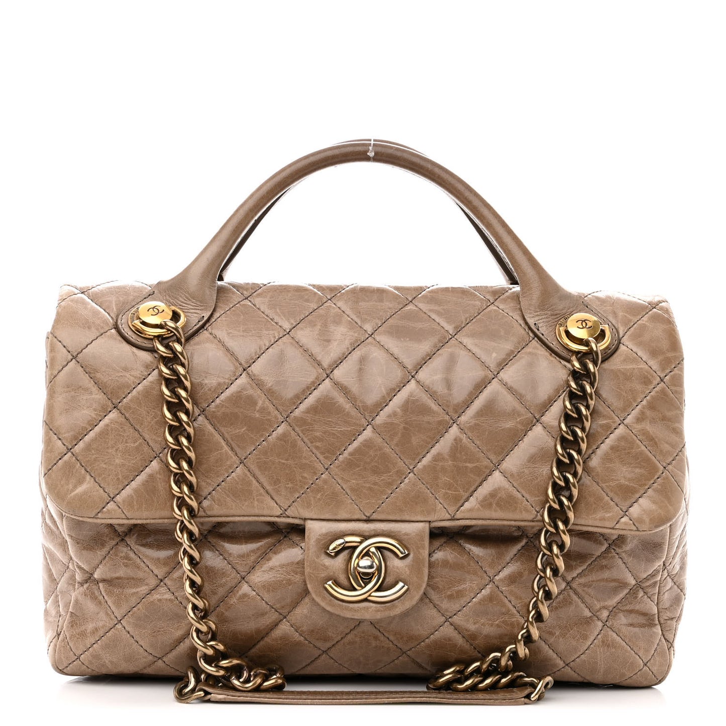 Glazed Calfskin Castle Rock Medium Flap Dark Beige