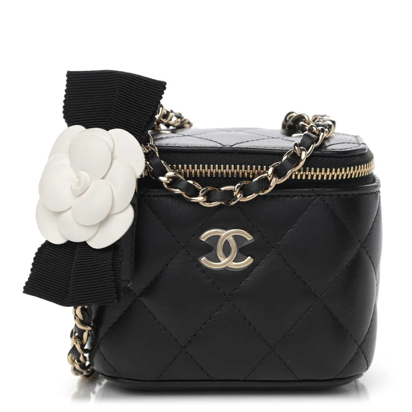 Lambskin Quilted Mini Camellia Bow Vanity Case With Chain Black