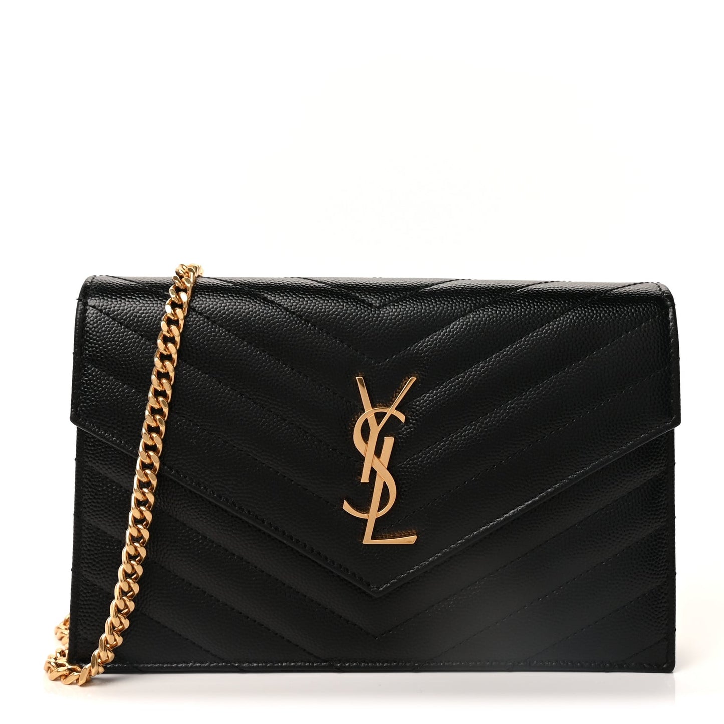 Grain De Poudre Matelasse Chevron Monogram Envelope Chain Wallet Black