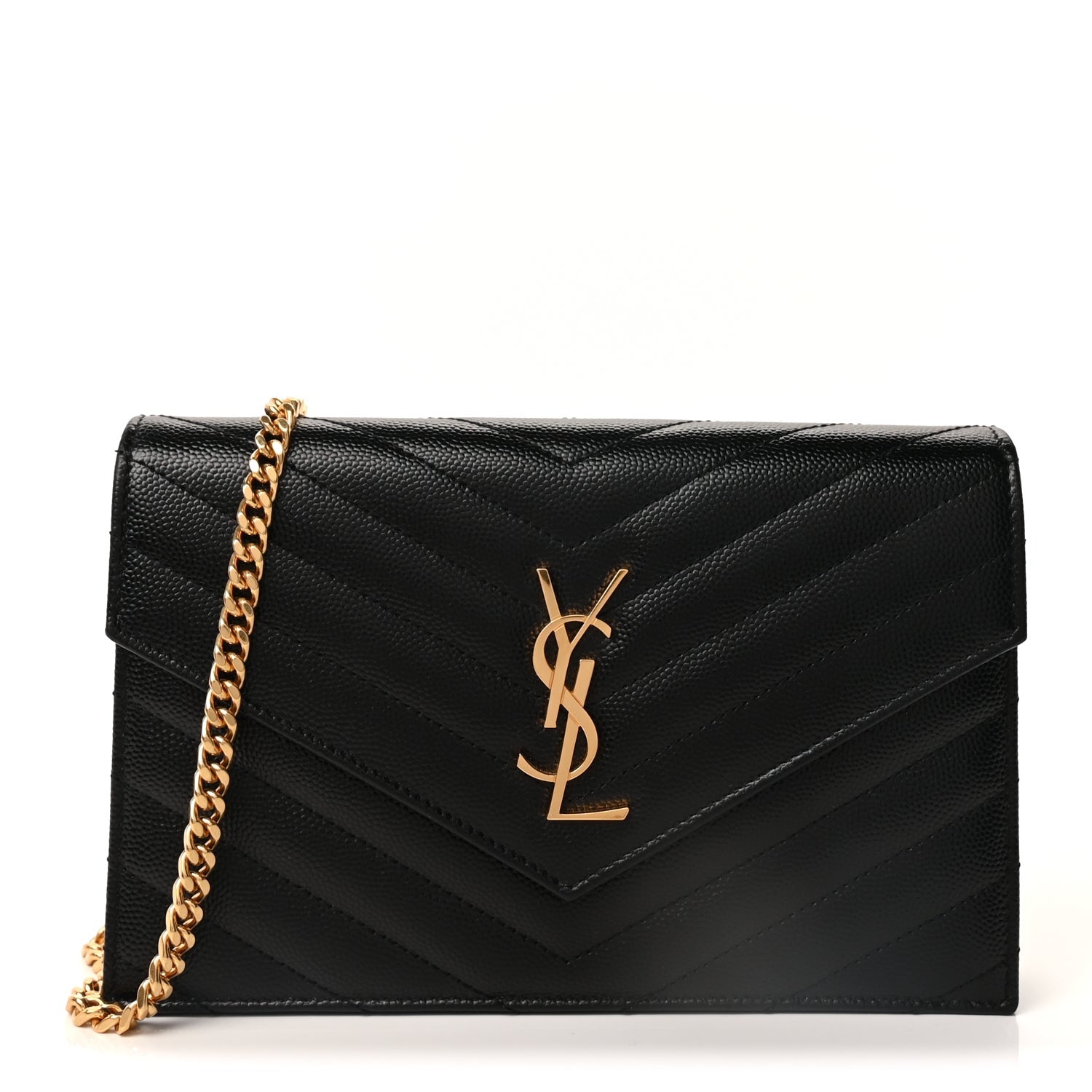 Saint Laurent Grain De Poudre Matelasse Chevron Monogram Envelope Chain Wallet Black 2 of 9