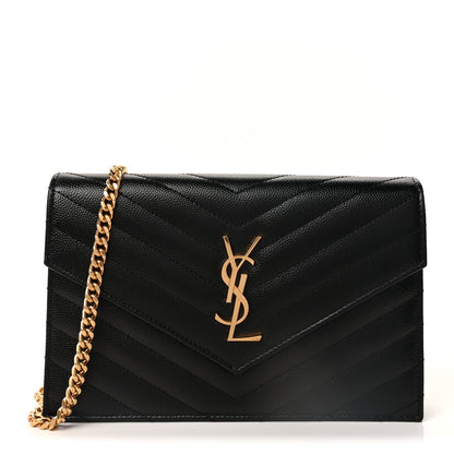 Saint Laurent Grain De Poudre Matelasse Chevron Monogram Envelope Chain Wallet Black 2 of 9