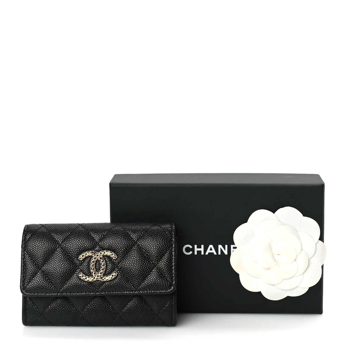 CHANEL Caviar Metal Perforated Quilted CC Flap Card Holder Black