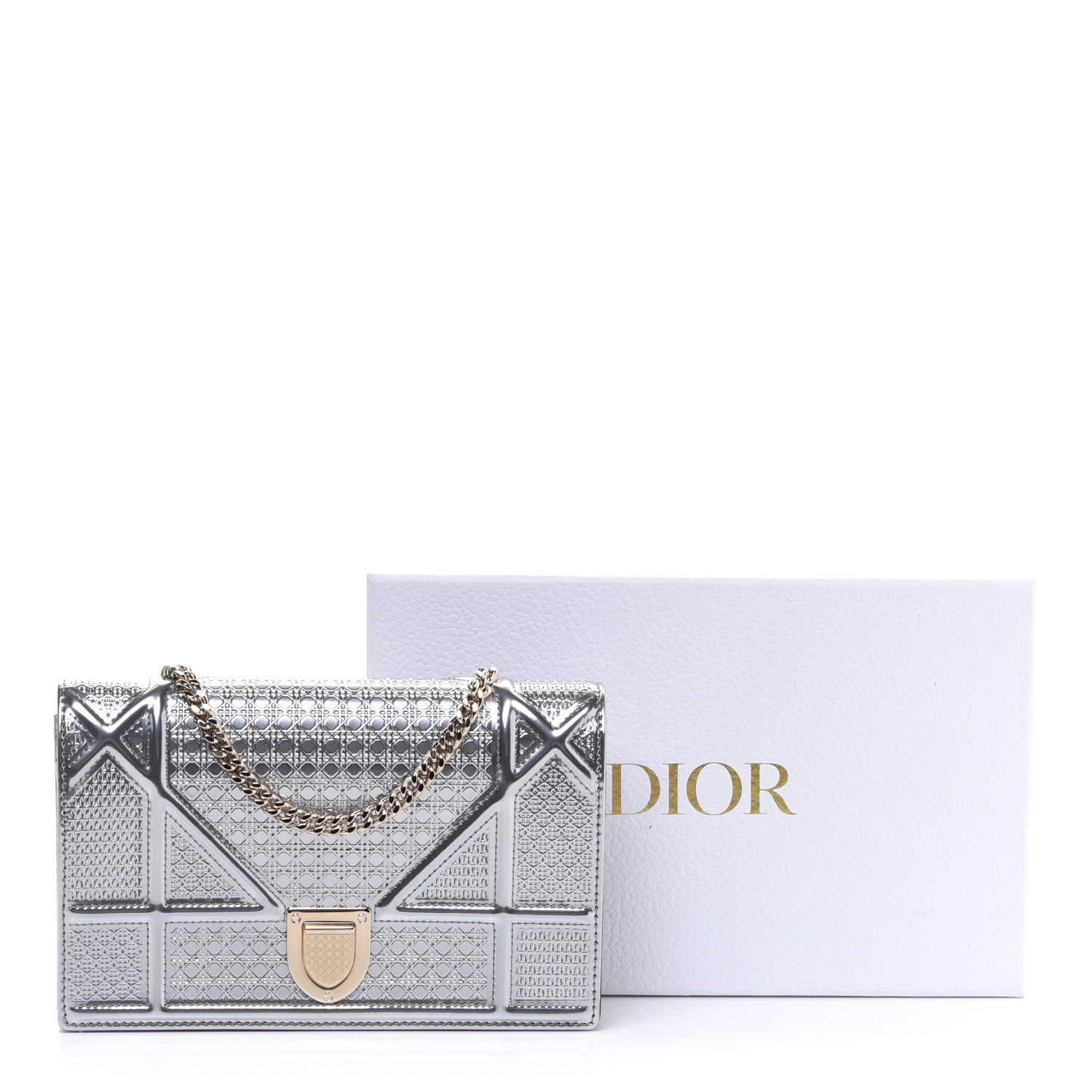 Christian Dior Metallic Patent Micro-Cannage Diorama Wallet on Chain Pouch Silver 10 of 10