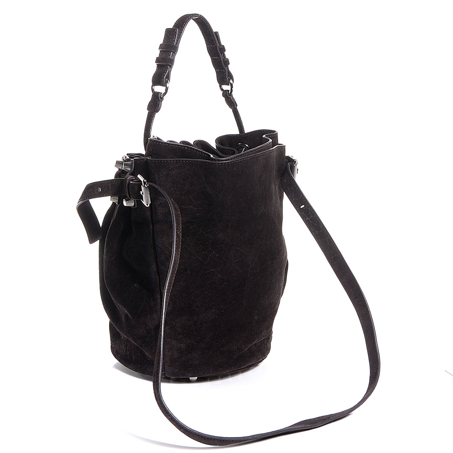 Suede Diego Bucket Bag Dark Brown w Nickel Hardware