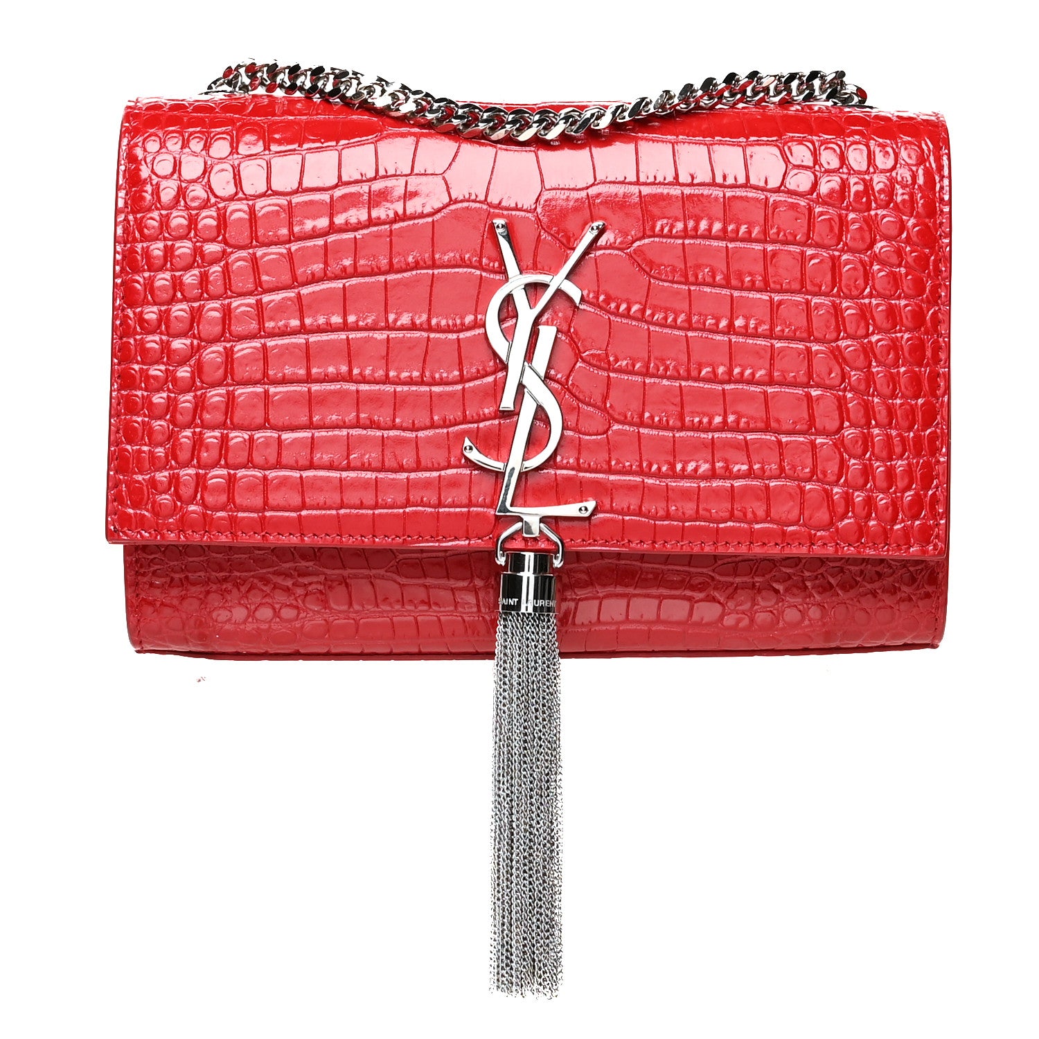 Saint Laurent Calfskin Crocodile Embossed Medium Classic Monogram Kate Tassel Satchel Red 1 of 9