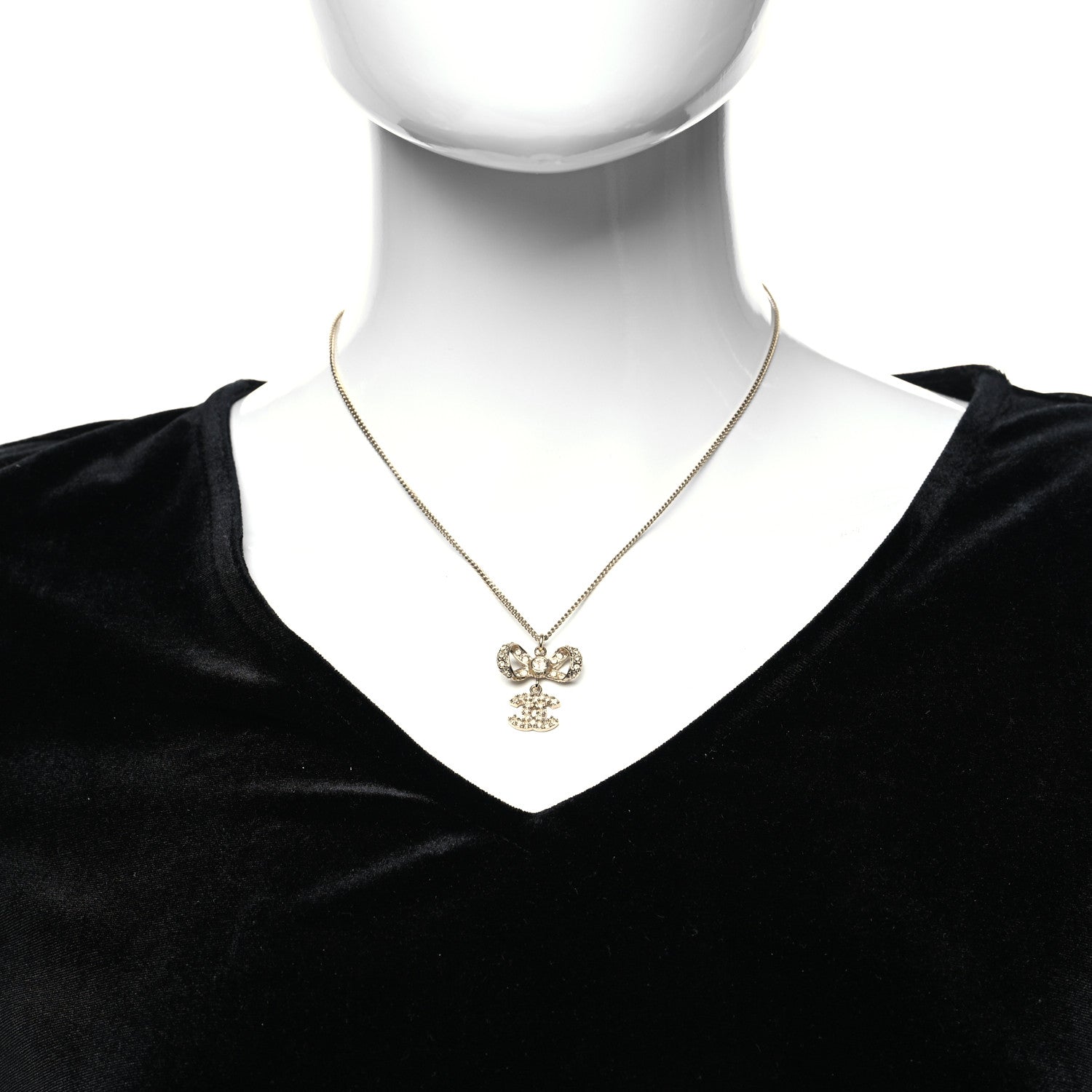 Chanel Metal Crystal CC Bow Drop Necklace Gold 2 of 5