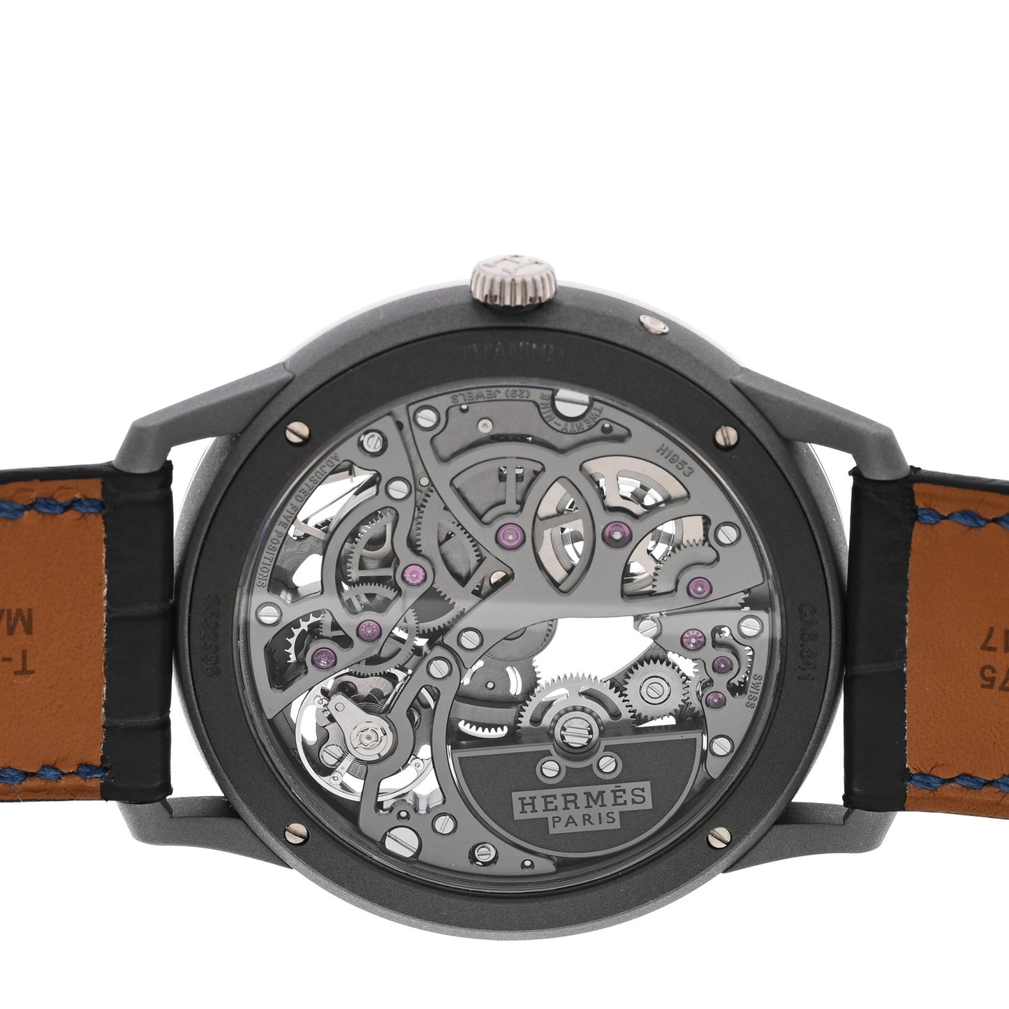 Platinum Titanium Alligator 39.5mm Slim d'Hermes Squelette Lune Automatic Watch Graphite