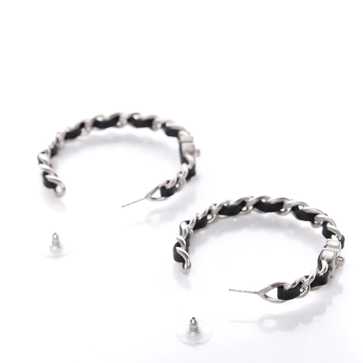 Lambskin CC Turnlock Chain Hoop Earrings Silver Black