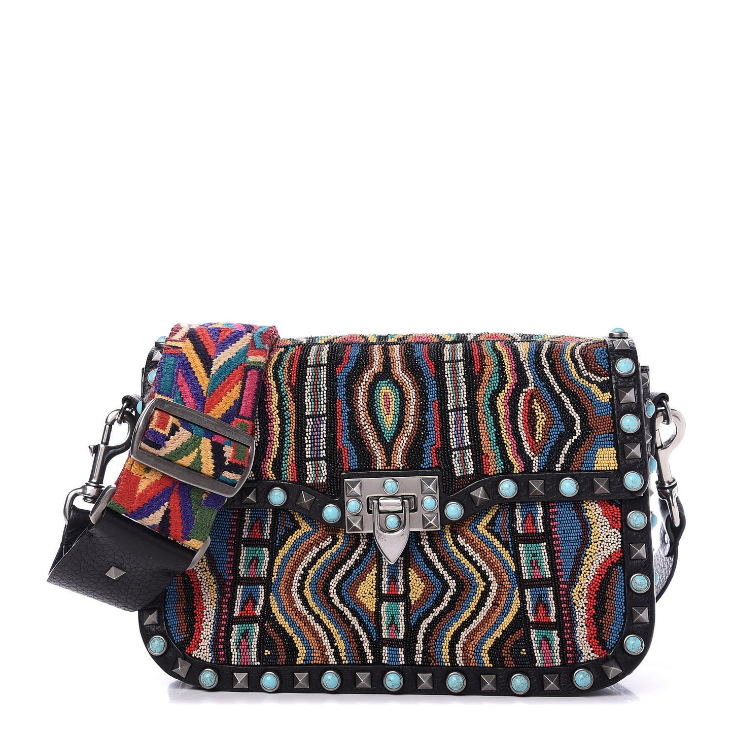 Pebbled Calfskin Beaded Medium Guitar Strap Rockstud Rolling Flap Saddle Bag Black