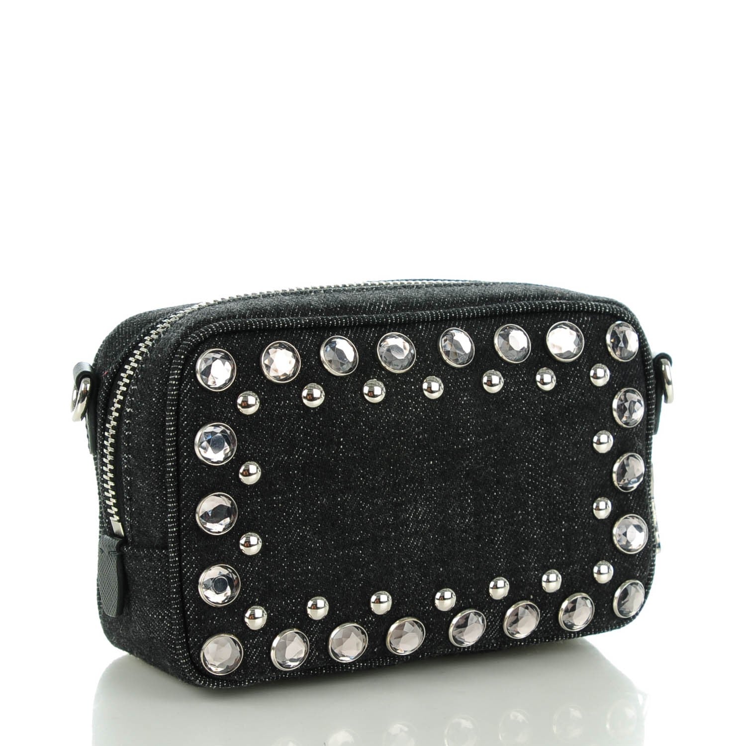 Prada Denim Studded Embellished Mini Camera Crossbody Black 3 of 8