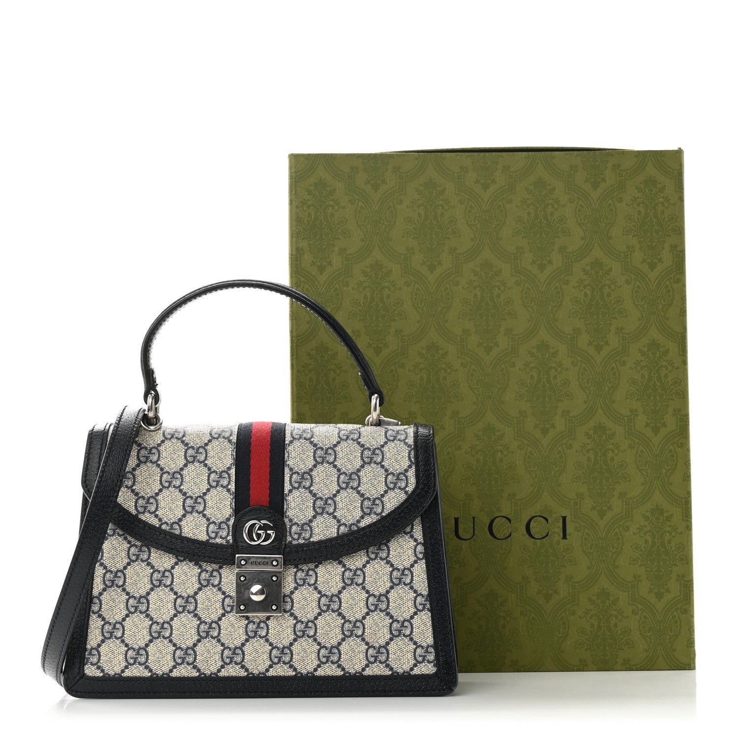 Gucci GG Supreme Monogram Textured Dollar Calfskin Web Small Ophidia Padlock Top Handle Bag Beige Blue 11 of 11