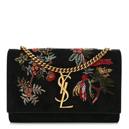 Saint Laurent Suede Embroidered Birds Monogram Chain Wallet Black 1 of 17
