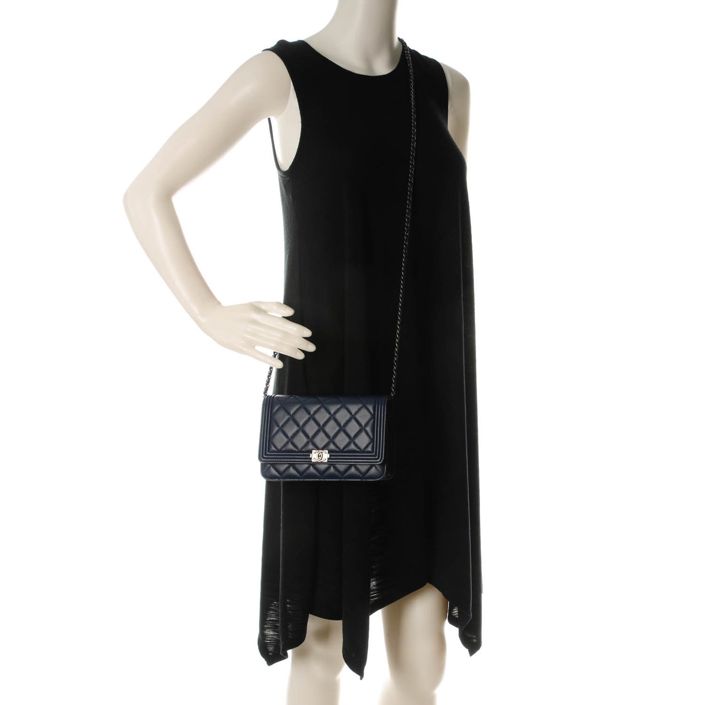 Lambskin Quilted Boy Wallet On Chain WOC Navy Blue