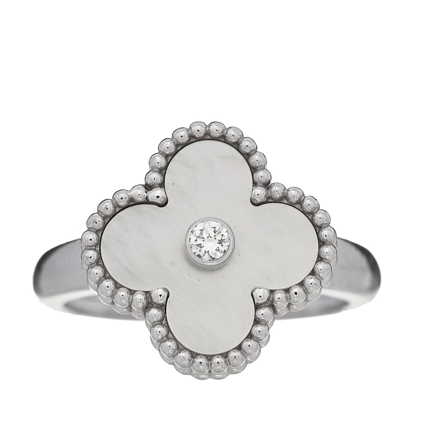 18K White Gold Diamond Mother of Pearl Vintage Alhambra Ring 54 6.75