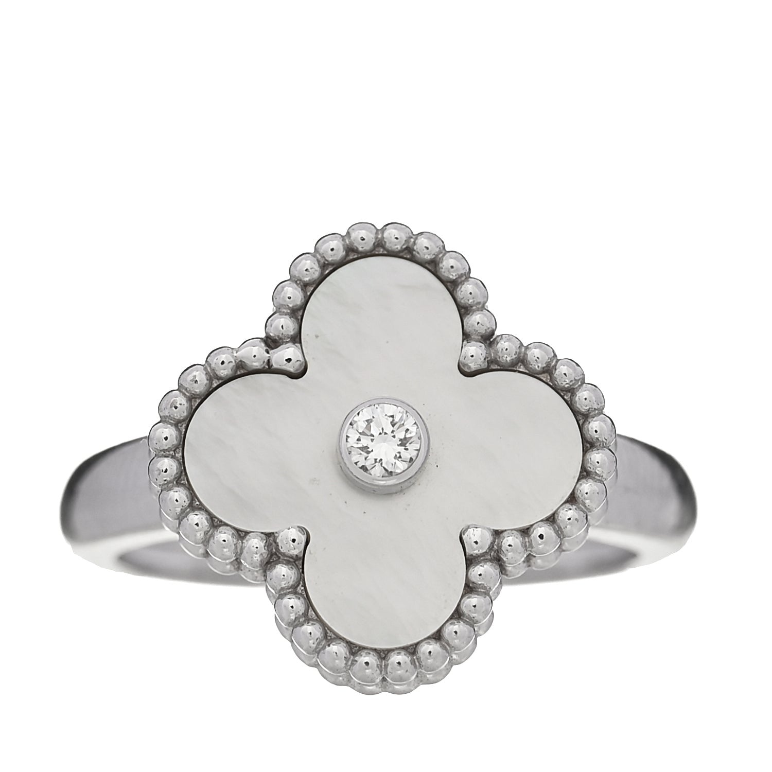 Van Cleef & Arpels 18K White Gold Diamond Mother of Pearl Vintage Alhambra Ring 54 6.75 1 of 5
