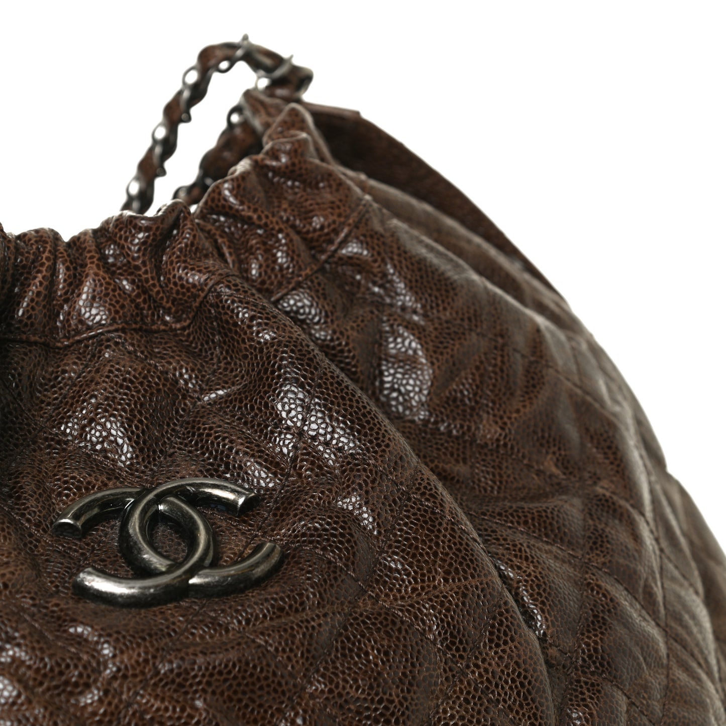 Distressed Glazed Caviar Quilted Medium Elastic Tote Brown