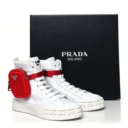 Prada Re-Nylon Gabardine Metal Triangle Logo Wheel Pouch Pocket High Top Sneakers 37 White Red 9 of 9