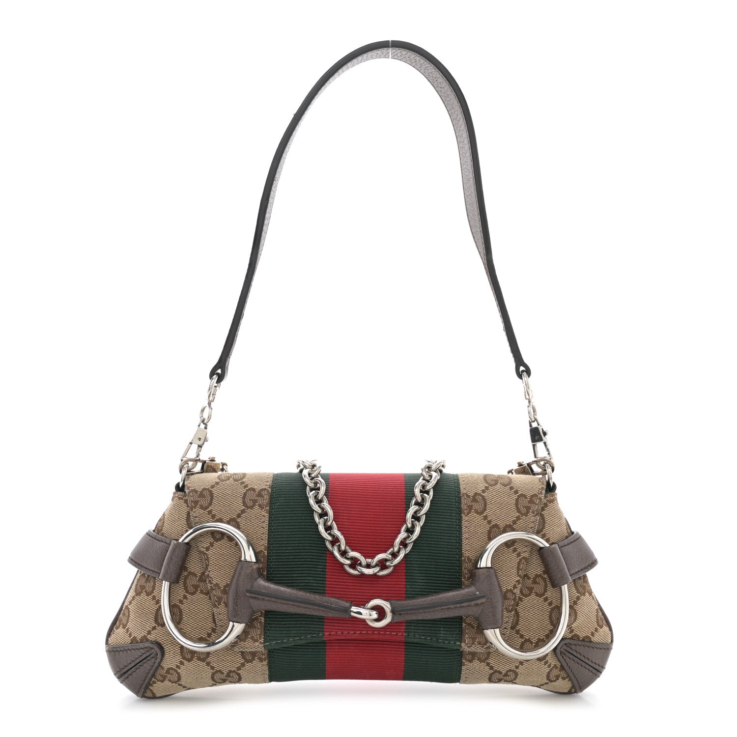 Gucci Monogram Textured Dollar Calfskin Heavy Grosgrain Web Small Maxi Horsebit Chain Shoulder Bag Beige Ebony New Acero 1 of 13