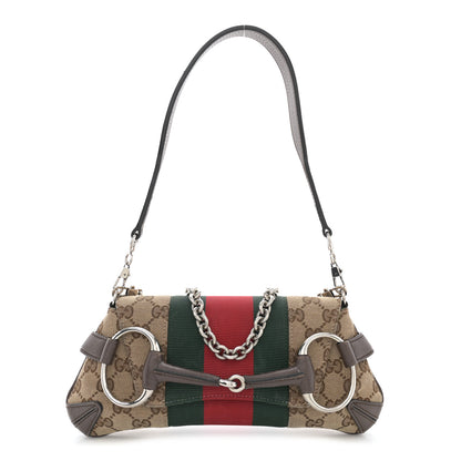 Gucci Monogram Textured Dollar Calfskin Heavy Grosgrain Web Small Maxi Horsebit Chain Shoulder Bag Beige Ebony New Acero 1 of 13