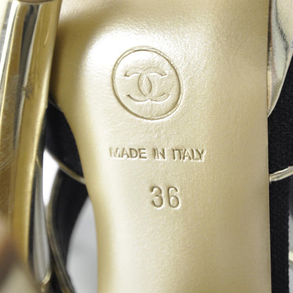 Chanel Linen CC Heels 36 Navy Gold 6 of 9