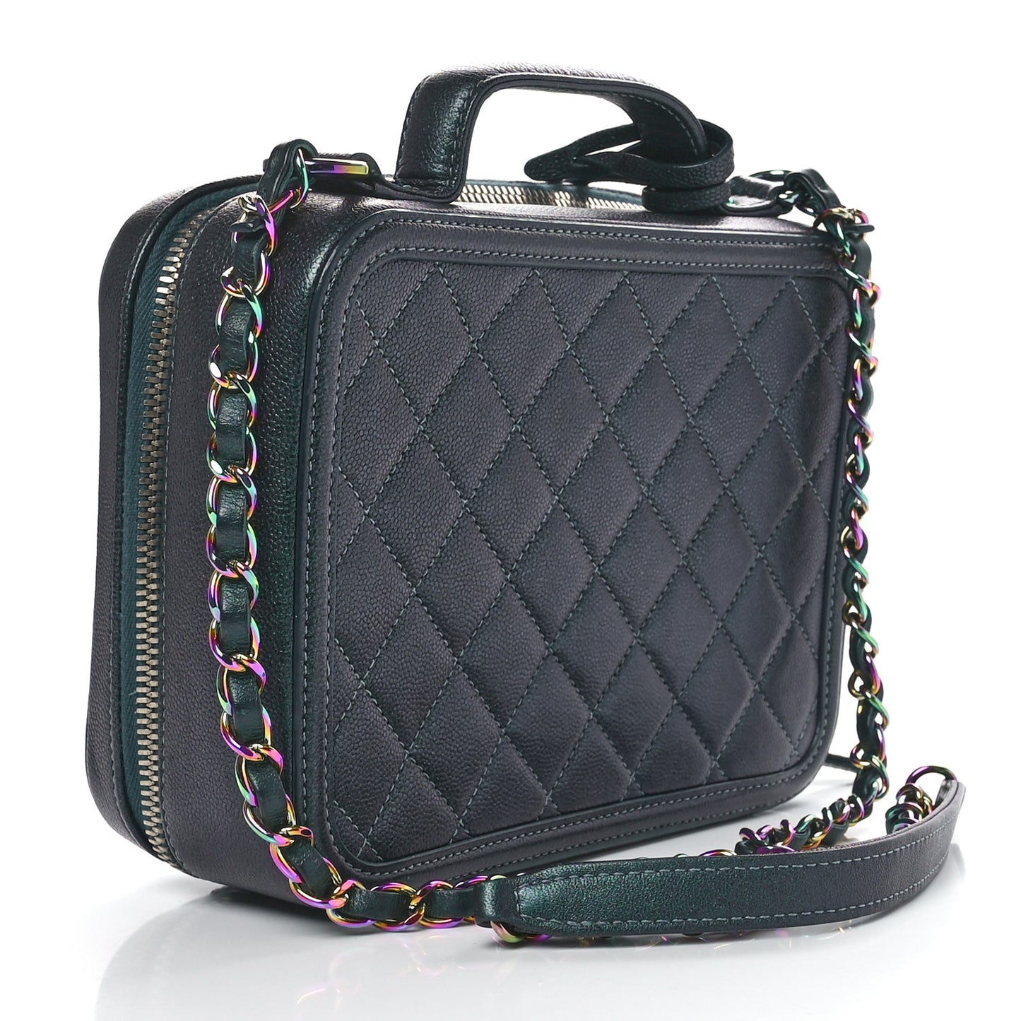 Iridescent Caviar Quilted Medium CC Filigree Vanity Case Dark Turquoise