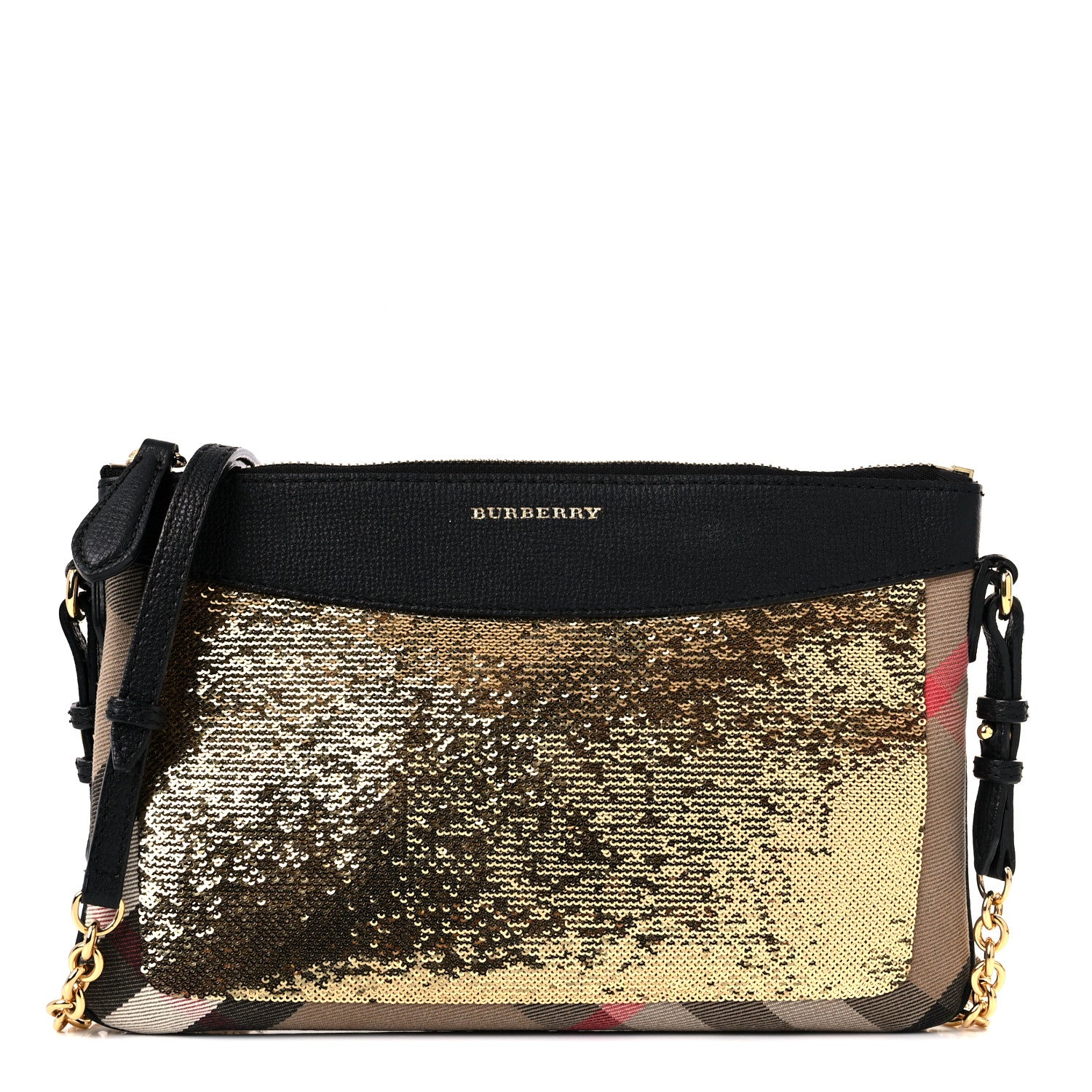 Burberry House Check Sequin Peyton Crossbody Clutch Bag Gold Black 1 of 10