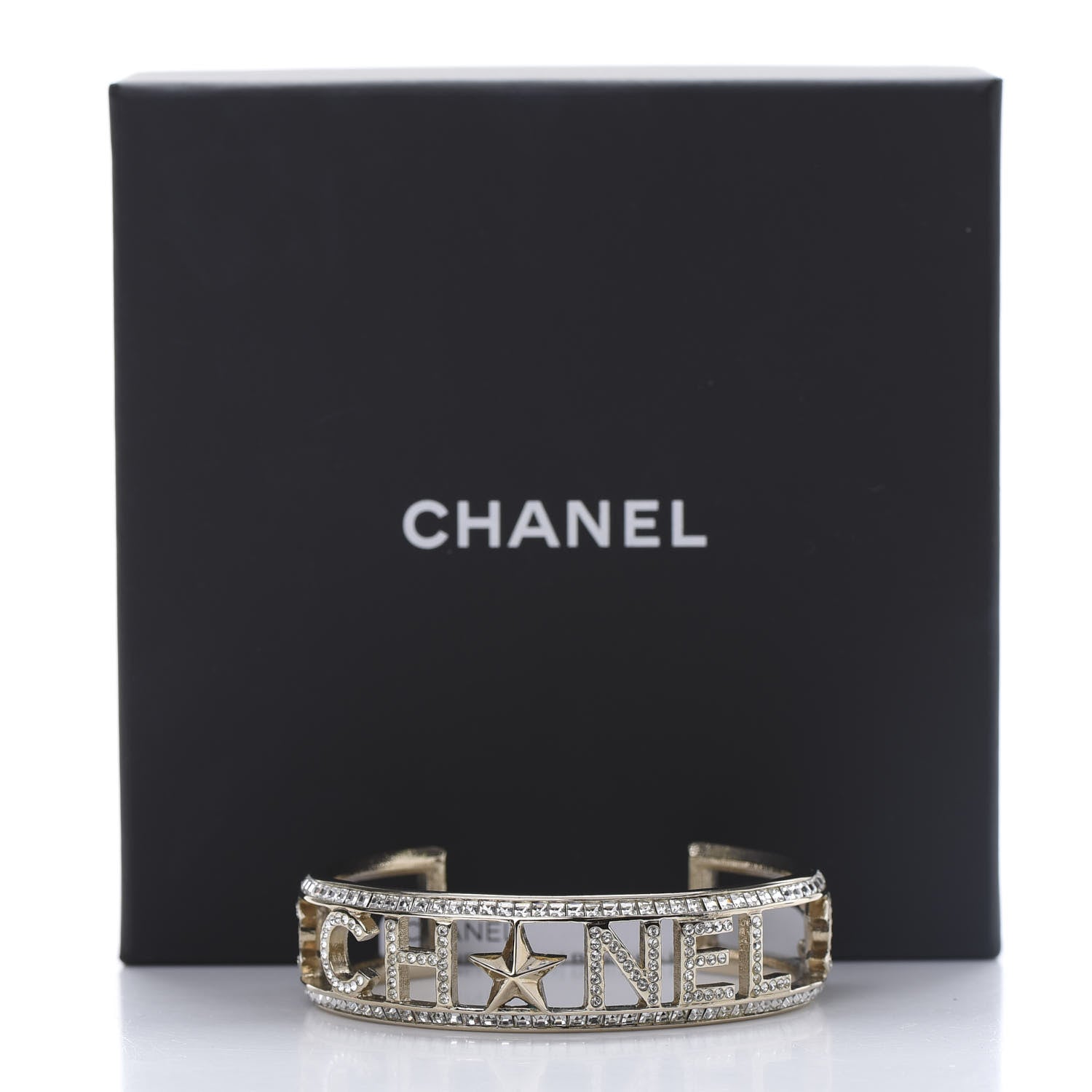 Chanel Crystal Baguette Logo Cuff Bracelet Gold 5 of 5