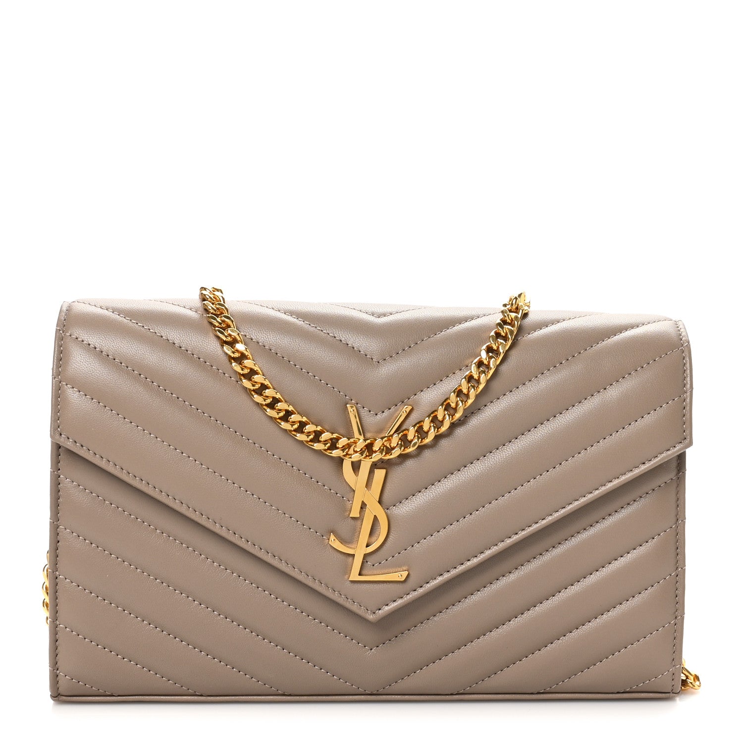Saint Laurent Lambskin Matelasse Chevron Monogram Chain Wallet Dusty Grey 1 of 9